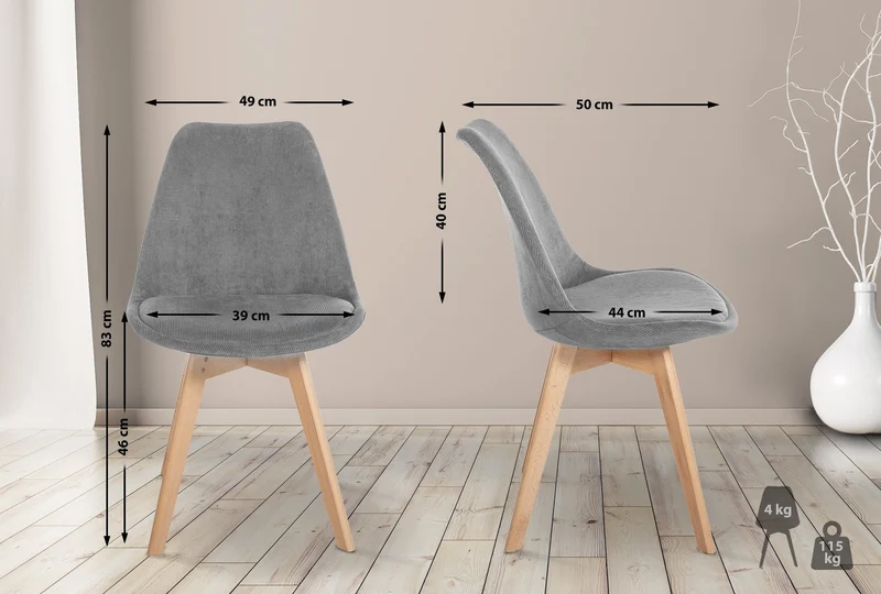 Lot de 4 chaises de salle à manger style scandinave en velours côtelé gris CDS10392