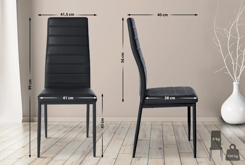 Lot de 4 chaises de salle à manger design simple en synthétique noir avec couture cadre en métal noir CDS10408