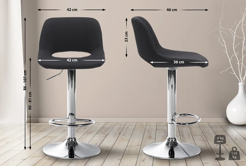 Tabourets de bar chaises haute x2 avec repose-pieds en tissu noir piètement métallique chromé 10_0004095