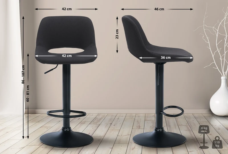 Tabouret de bar chaise haute x1 avec repose-pieds en tissu noir piètement métallique noir 10_0004616