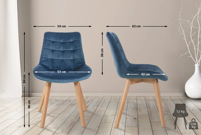 Lot de 2 chaises de salle à manger design scandinave coutures carrées en velours bleu pieds en bois clair 10_0001678