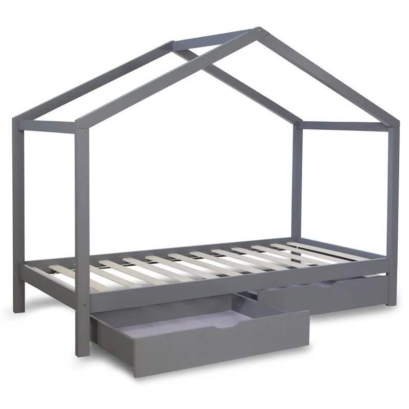 Lit cabane en bois gris pour enfant avec sommier inclus 90x200 cm avec tiroirs rangement LIT06191