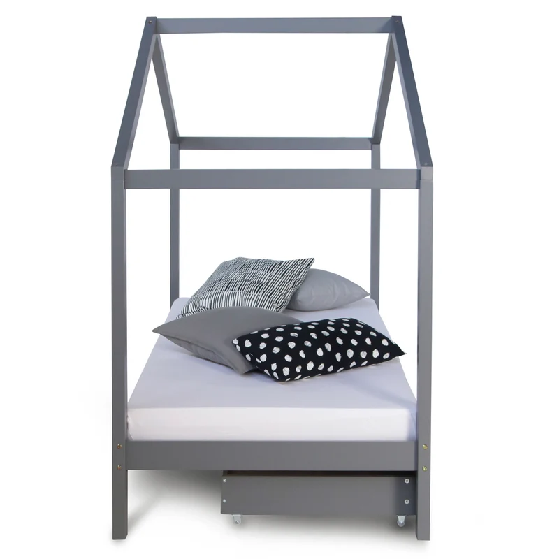 Lit cabane en bois gris pour enfant avec sommier inclus 90x200 cm avec tiroirs rangement LIT06191