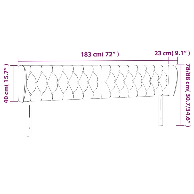 Tête de lit accessoire couchage chambre à coucher meuble capitonné avec rebord latéral 183 x 23 x 78/88 cm tissu noir TDL0204506