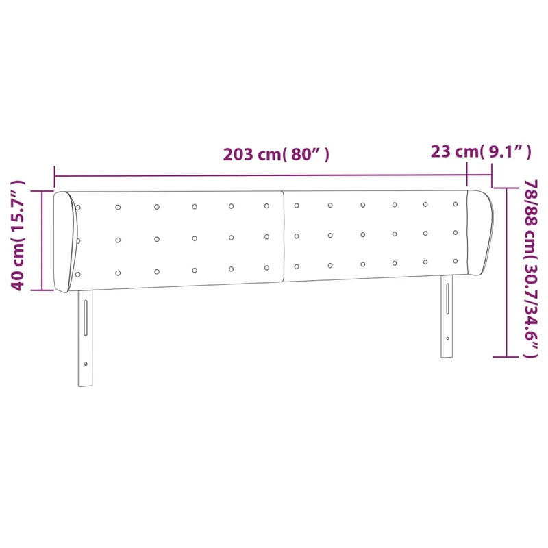 Tête de lit accessoire couchage chambre à coucher meuble capitonné avec rebord latéral 203 x 23 x 78/88 cm synthétique noir TDL0204479