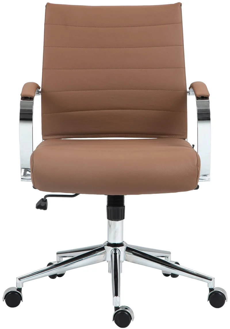 Chaise de bureau design ergonomique en cuir véritable marron clair et métal chromé 10_0002562