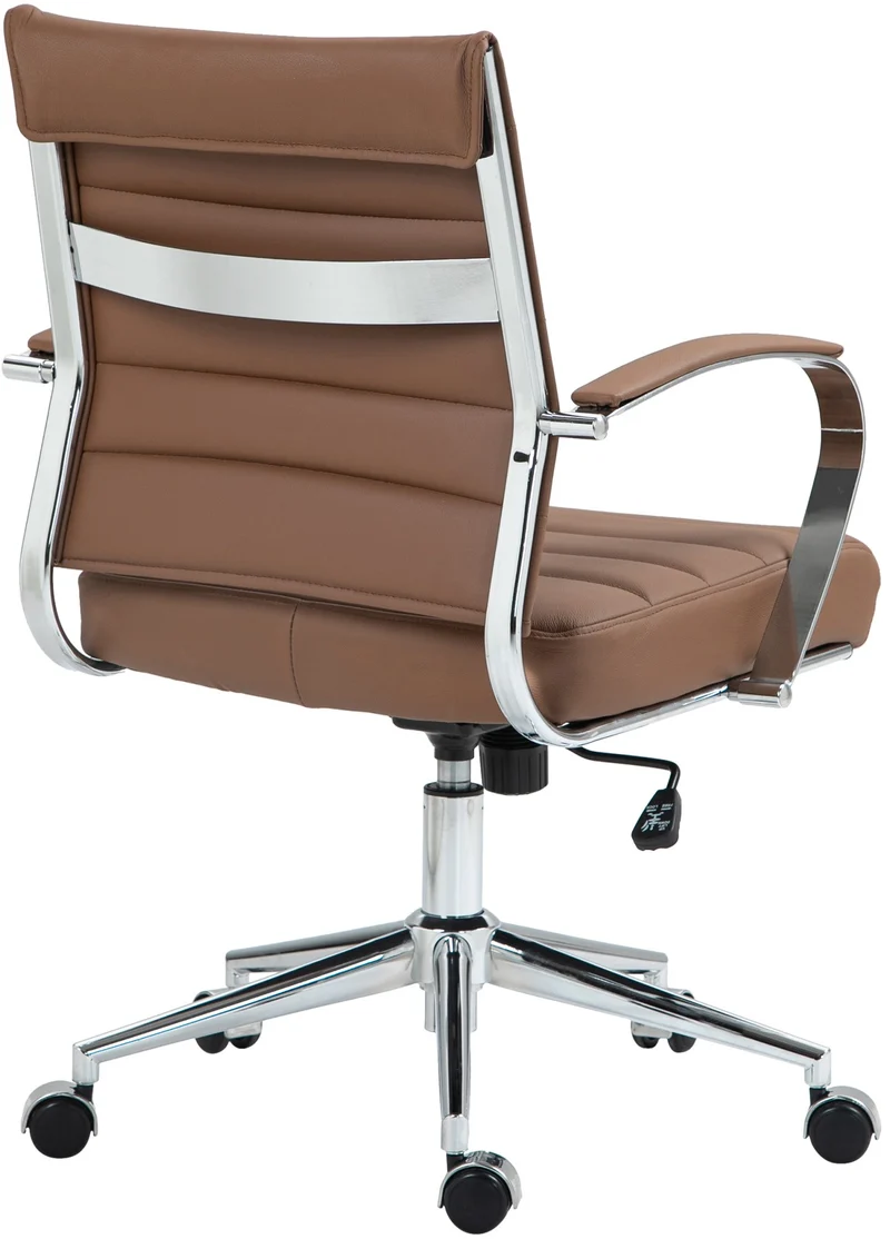 Chaise de bureau design ergonomique en cuir véritable marron clair et métal chromé 10_0002562