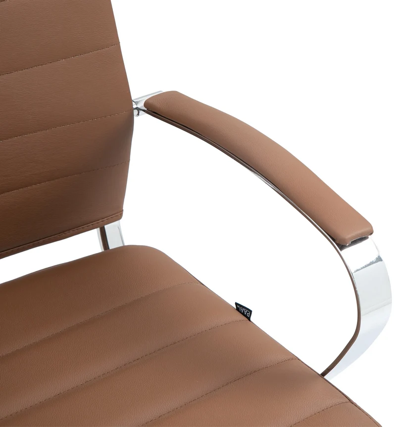 Chaise de bureau design ergonomique en cuir véritable marron clair et métal chromé 10_0002562