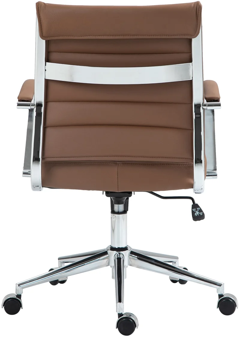 Chaise de bureau design ergonomique en cuir véritable marron clair et métal chromé 10_0002562