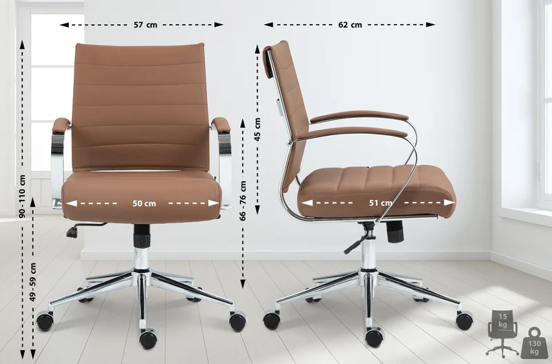 Chaise de bureau design ergonomique en cuir véritable marron clair et métal chromé 10_0002562