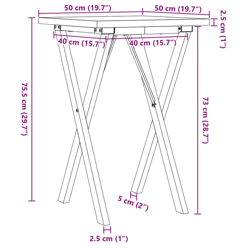 Table d'appoint design industriel structure en forme de X 50 x 50 x 75,5 cm bois de pin massif et acier DEC036811