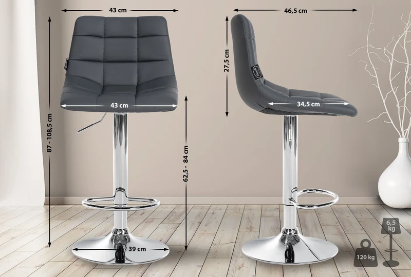 Tabouret de bar x1 moderne en PVC gris motif matelassé piètement trompette métal chromé 10_0005648