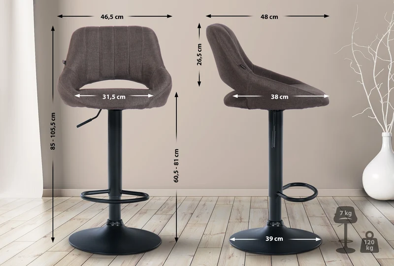 Lot de 2 tabourets de bar réglables en tissu gris foncé dossier ajouré et pied métal noir 10_0006106