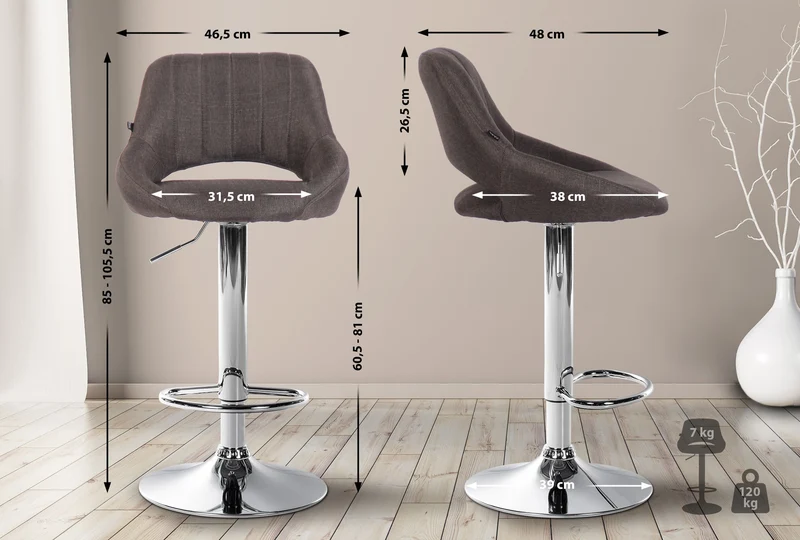 Tabouret de bar x1 avec repose-pieds pivotant et réglable en tissu gris foncé et métal 10_0005219