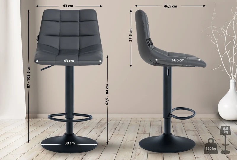 Tabouret de bar x1 moderne en PVC gris motif matelassé piètement trompette métal noir 10_0005651