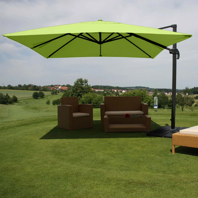 Parasol professionnel restaurant pour jardin terrasse, 3x3m (Ø4,24m) polyester aluminium/acier 23kg vert avec pied, rotatif 04_0003298