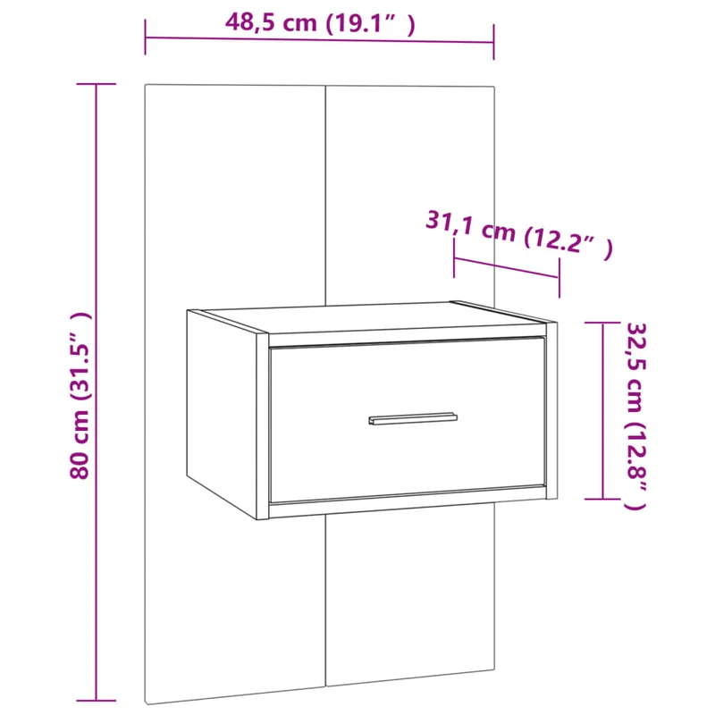 Lot de 2 tables de chevet murales avec tiroirs bois d'ingénierie gris effet béton DEC036078
