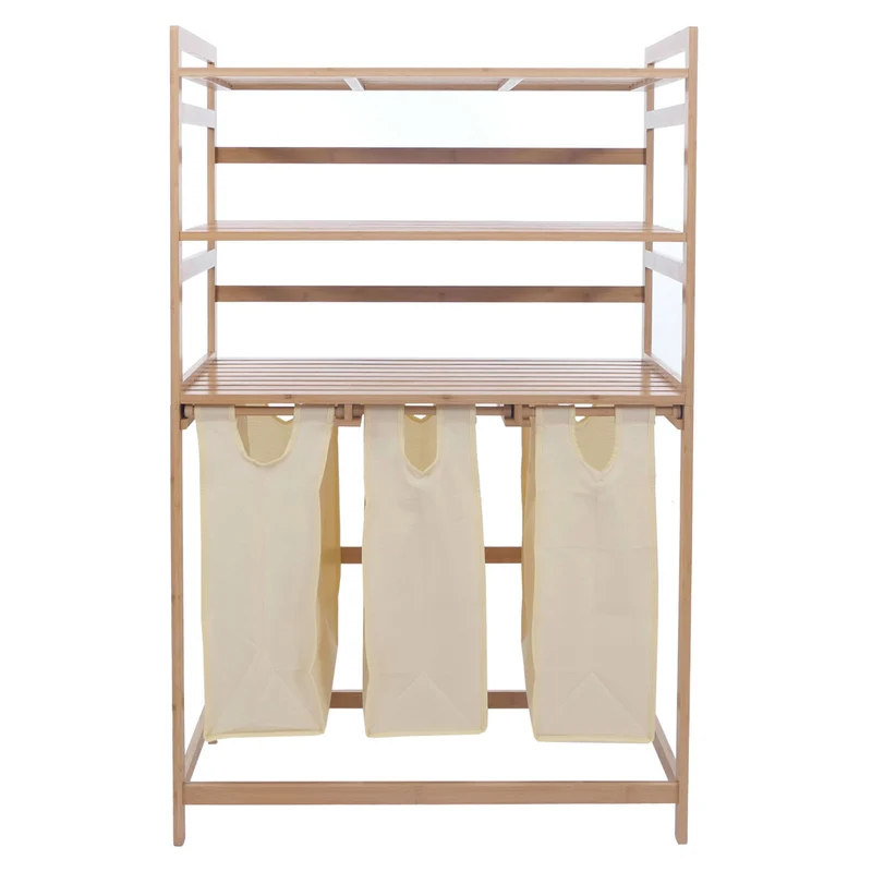Lot de 3 paniers à linge pratiques pour salle de bain avec étagères 125 x 80 x 40 cm design épuré en bambou naturel et crème 04_0008767