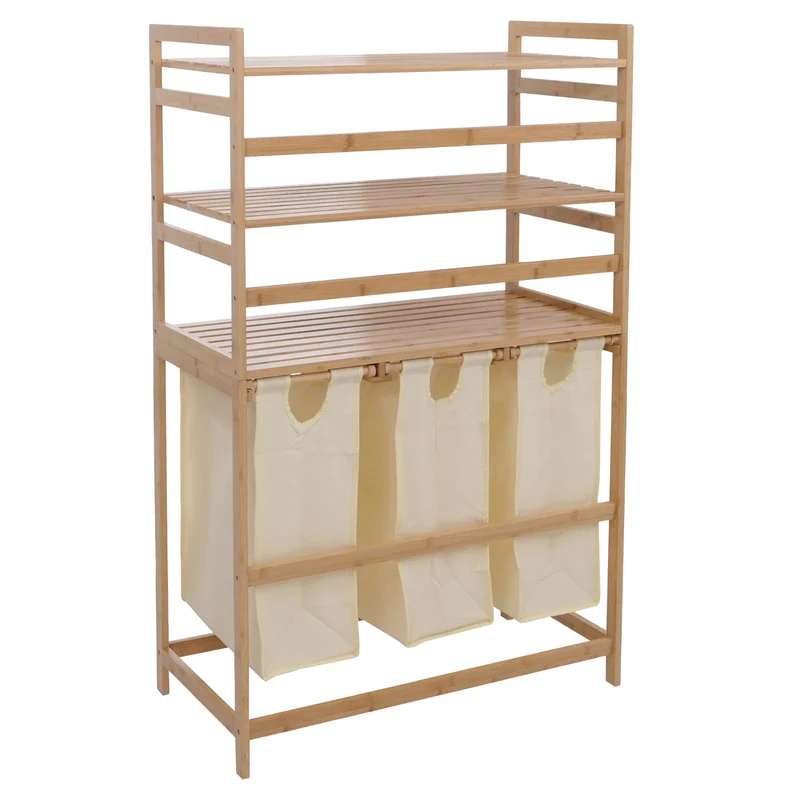 Lot de 3 paniers à linge pratiques pour salle de bain avec étagères 125 x 80 x 40 cm design épuré en bambou naturel et crème 04_0008767