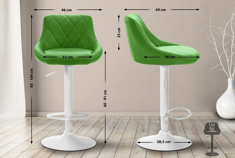 Tabouret de bar en synthétique vert pivotant avec repose-pieds métal blanc coutures décoratives TDB10593