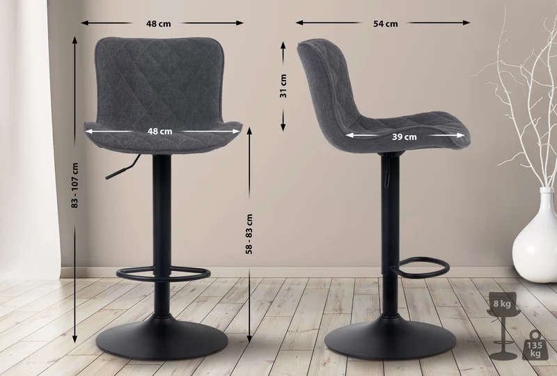 Tabouret de bar x1 coutures décoratives pied trompette hauteur réglable en métal noir assise en tissu noir 10_0004864