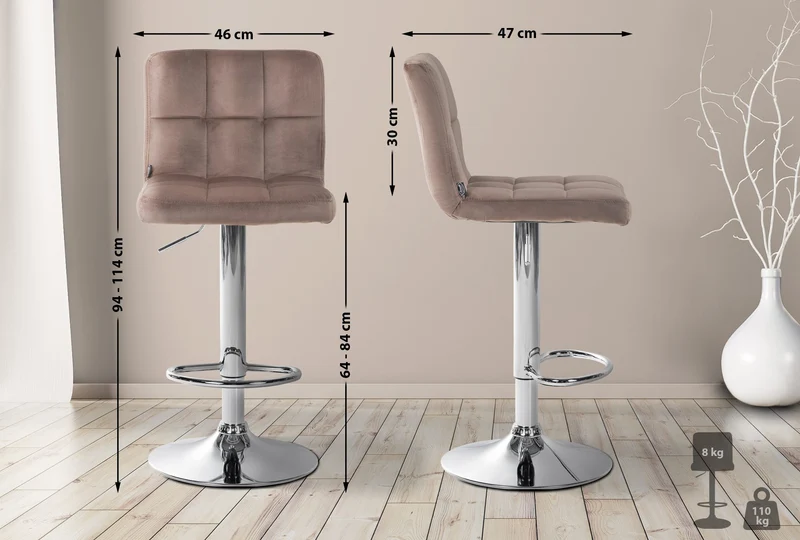 Tabouret de bar chaise haute x 1 avec coutures décoratives carrées assise en velours marron pieds en métal chromé 10_0005323