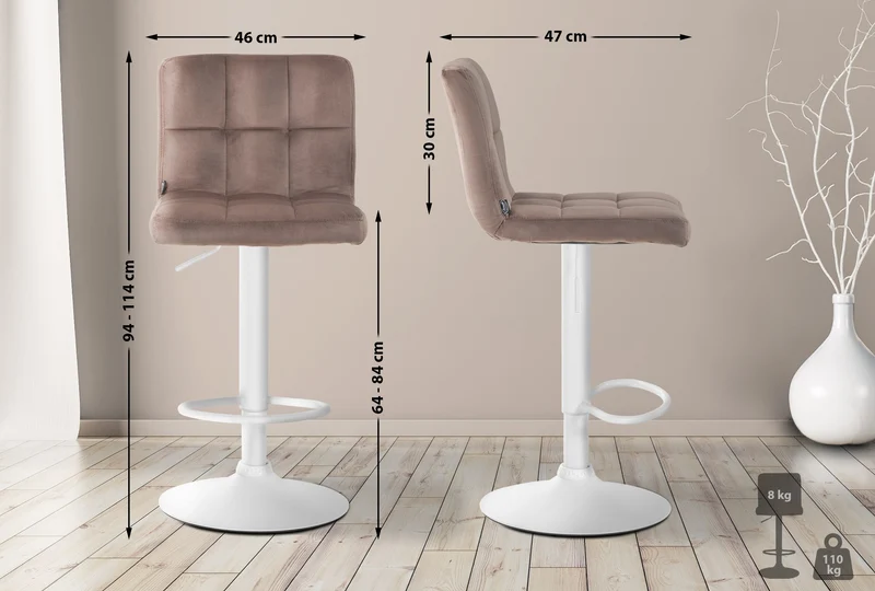 Lot de 2 tabourets de bar en velours marron avec coutures décoratives pied en trompette métal blanc 10_0004400