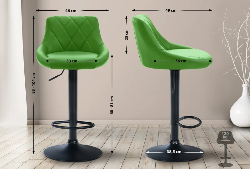 Tabouret de bar en synthétique vert pivotant avec repose-pieds métal noir coutures décoratives TDB10584