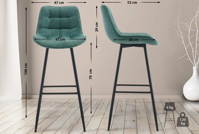 Lot de 2 tabourets de bar coutures décoratives carrées avec repose-pieds en tissu vert quatre pieds en métal 10_0006586