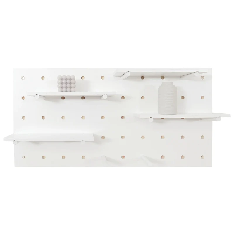 Panneau mural modulable étagère murale avec planches et tiges 100 x 50 cm système perforé contreplaqué blanc 04_0009082