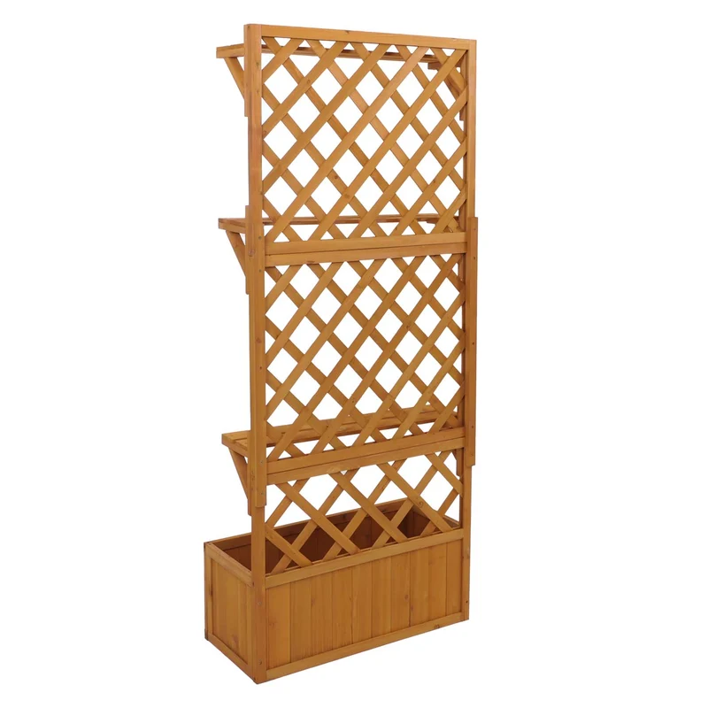 Bac à fleurs surélevé avec treillis et étagères jardinière brise-vue naturel balcon 177 x 77 x 33 cm en bois 04_0008919