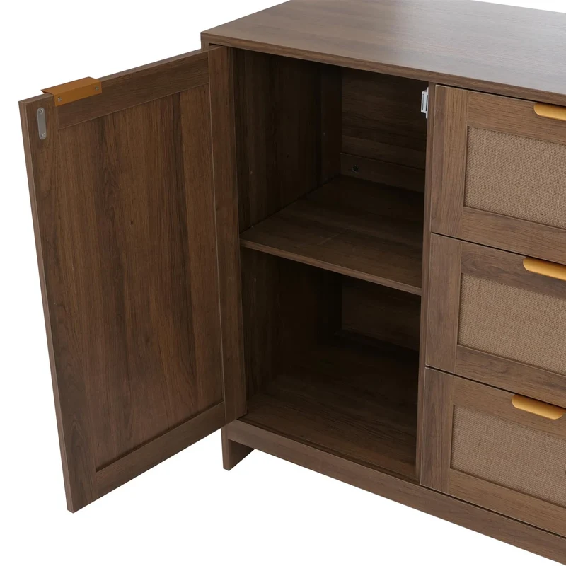 Commode 3 tiroirs et 2 compartiments façade effet lin 80 x 80 x 40 cm MDF mélaminé marron poignées dorées 04_0008721