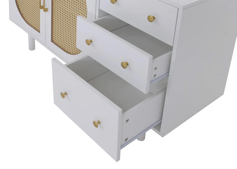 Buffet commode avec 3 tiroirs et 2 portes façades style moderne chic 80 x 120 x 40 cm en poly-rotin et MDF mélaminé blanc 04_0008702