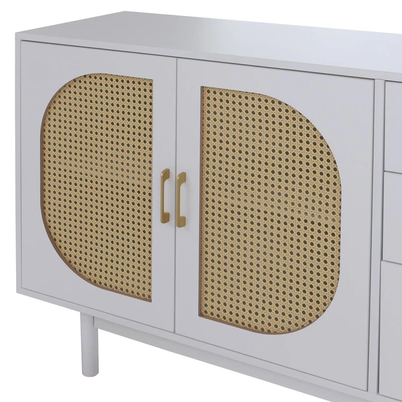 Buffet commode avec 3 tiroirs et 2 portes façades style moderne chic 80 x 120 x 40 cm en poly-rotin et MDF mélaminé blanc 04_0008702