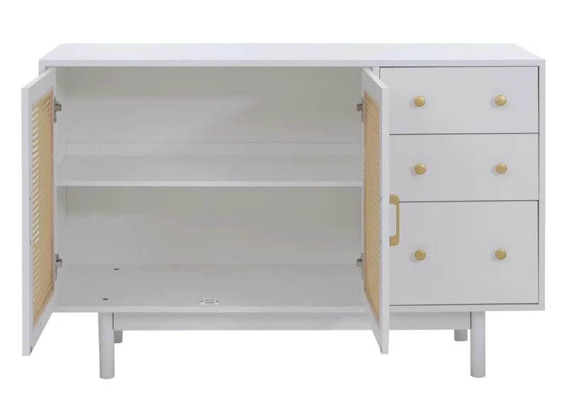 Buffet commode avec 3 tiroirs et 2 portes façades style moderne chic 80 x 120 x 40 cm en poly-rotin et MDF mélaminé blanc 04_0008702