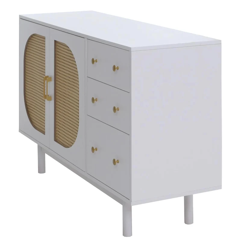 Buffet commode avec 3 tiroirs et 2 portes façades style moderne chic 80 x 120 x 40 cm en poly-rotin et MDF mélaminé blanc 04_0008702