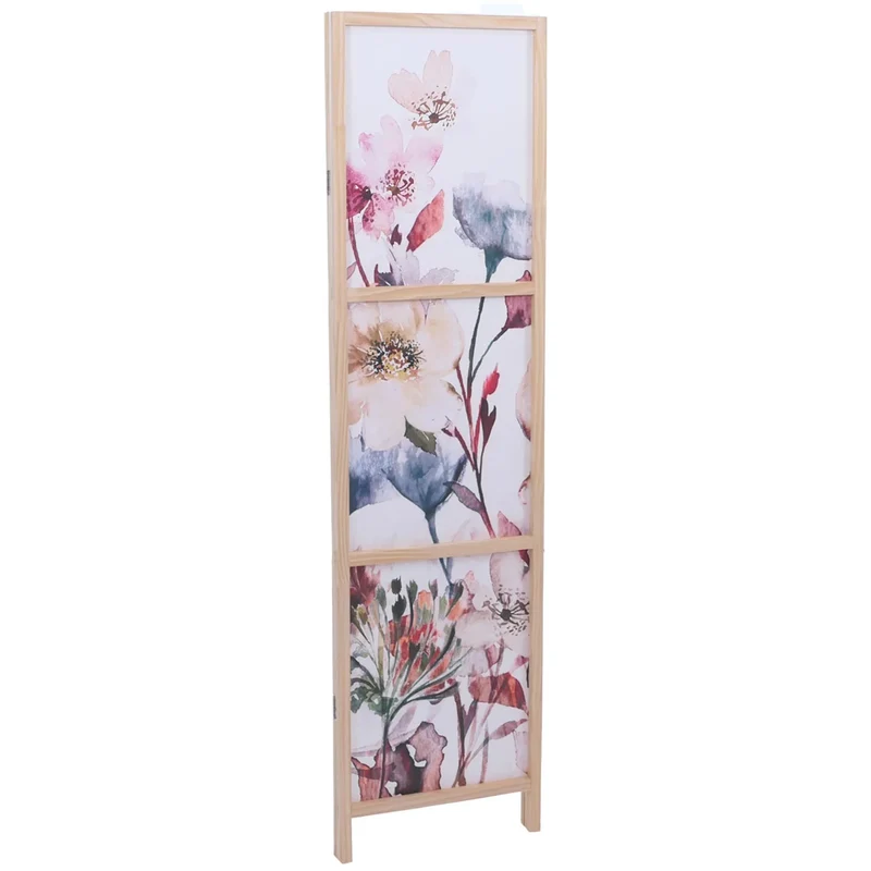Paravent pliable 3 panneaux séparateur de pièce motif floral 170 x 137 cm en polyéthylène beige cadre en bois 04_0008911