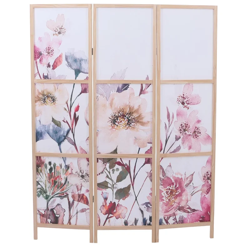 Paravent pliable 3 panneaux séparateur de pièce motif floral 170 x 137 cm en polyéthylène beige cadre en bois 04_0008911