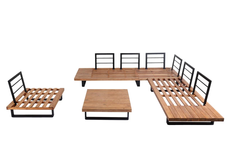Salon de jardin avec fauteuil ensemble lounge avec canapé et table en bois d’acacia marron clair et aluminium et coussins beiges 04_0010287
