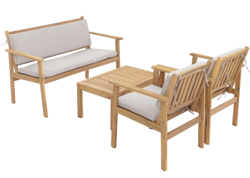 Salon de jardin en acacia ensemble lounge avec table banc et 2 chaises coussins gris 04_0009664