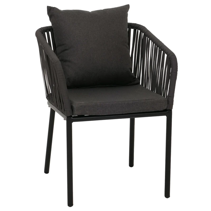 Lot de 2 chaises de jardin d’extérieur en aluminium avec accoudoirs tressage corde anthracite coussins gris foncé 04_0009796