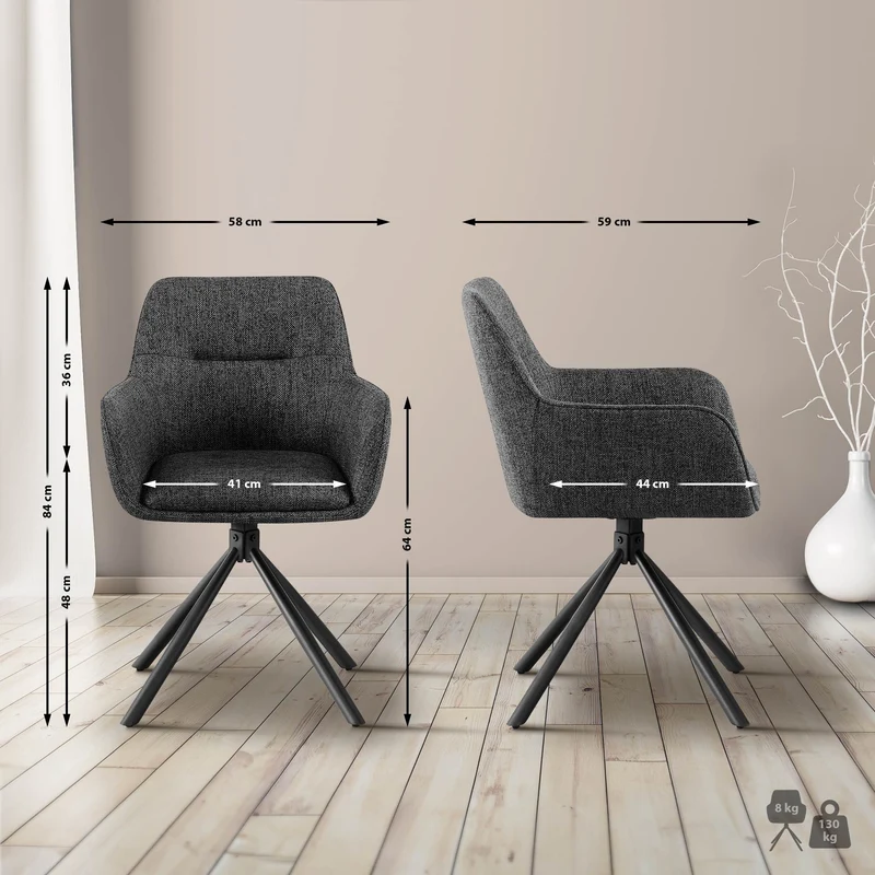 Lot de 2 chaises pivotantes style moderne et contemporain en tissu gris foncé piètement à quatre pieds métal noir 10_0007389