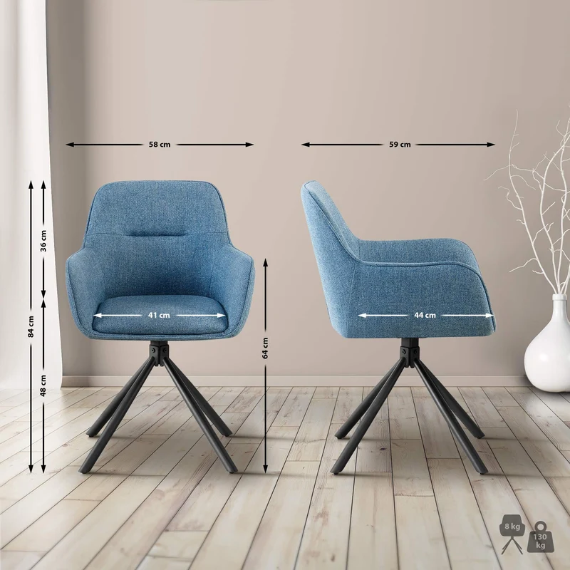 Chaise pivotante style moderne et contemporain en tissu bleu piètement à quatre pieds métal noir 10_0007521