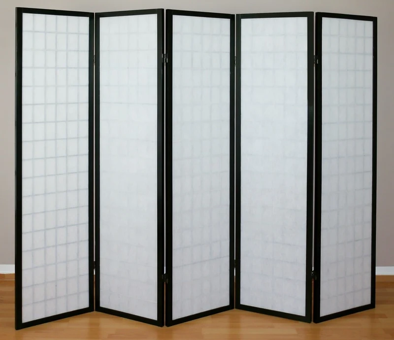 Paravent 5 panneaux en bois noir et papier riz 175x220cm PAR06045