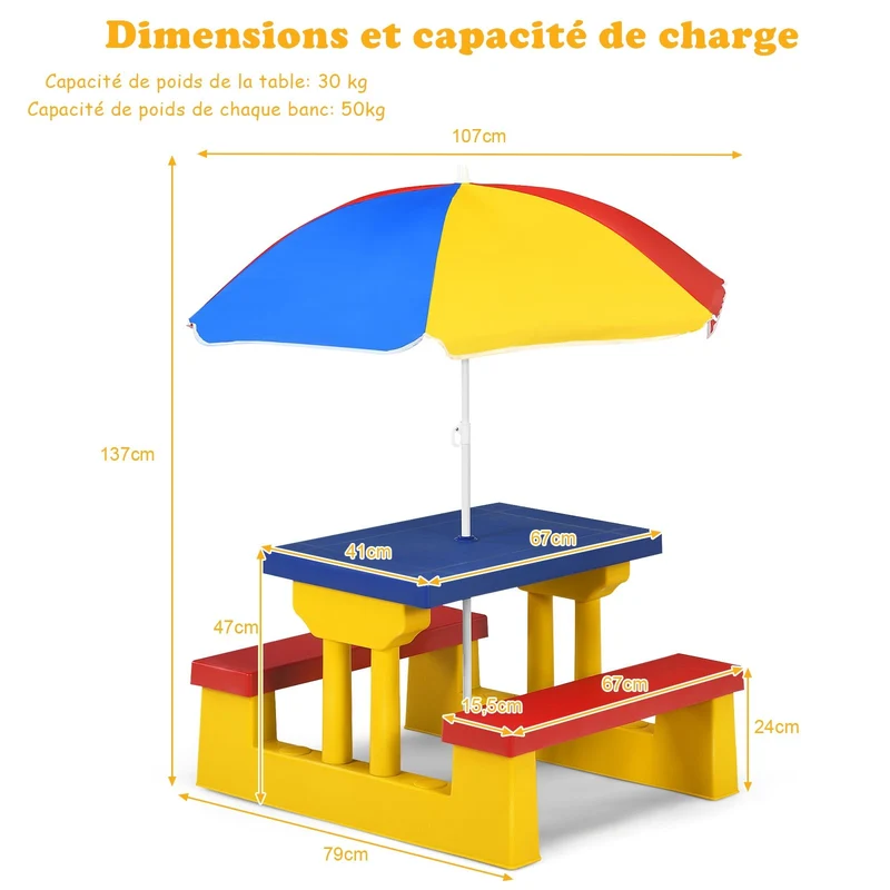 Ensemble de jardin pour enfant ensemble table et banc enfant en pp avec parasol multicolore 20_0000560