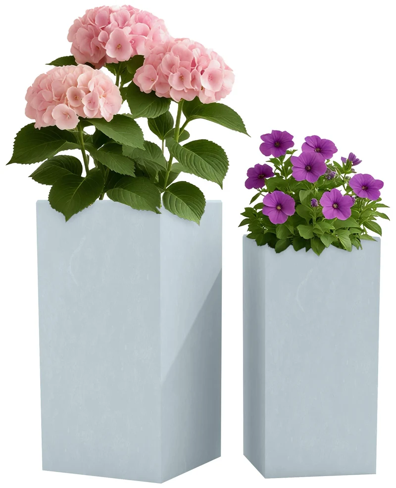 Lot de 2 pots de fleurs forme rectangle en argile fibreuse gris résistants aux intempéries 10_0007973