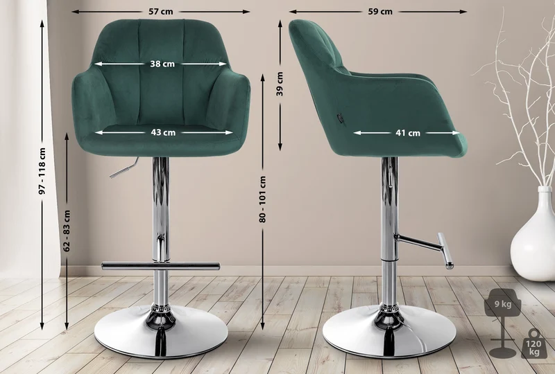 Tabouret de bar chaise haute x1 fonction rotation 360° en velours vert avec coutures décoratives piètement métal chromé 10_0005266