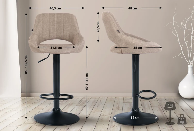 Tabouret de bar x1 réglable en hauteur en tissu taupe dossier ajouré et pied métal noir 10_0005727