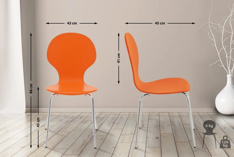 Lot de 4 chaises de cuisine salle à manger empilables dossier arrondi en bois orange et métal chromé 10_0003178