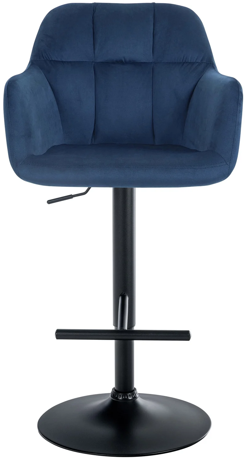 Tabouret de bar chaise haute x1 fonction rotation 360° en velours bleu avec coutures décoratives piètement métal noir 10_0005269